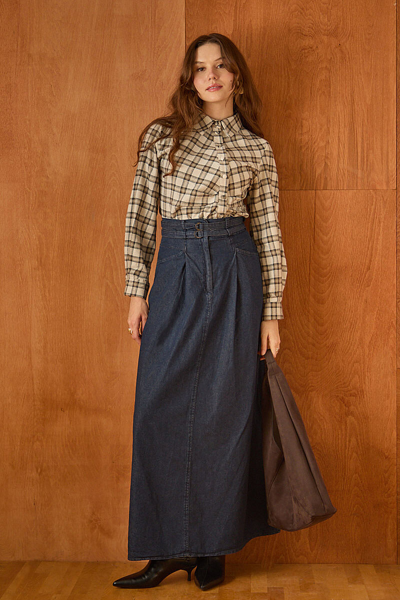Çift Kuşaklı Denim Etek Koyu Mavi - 2