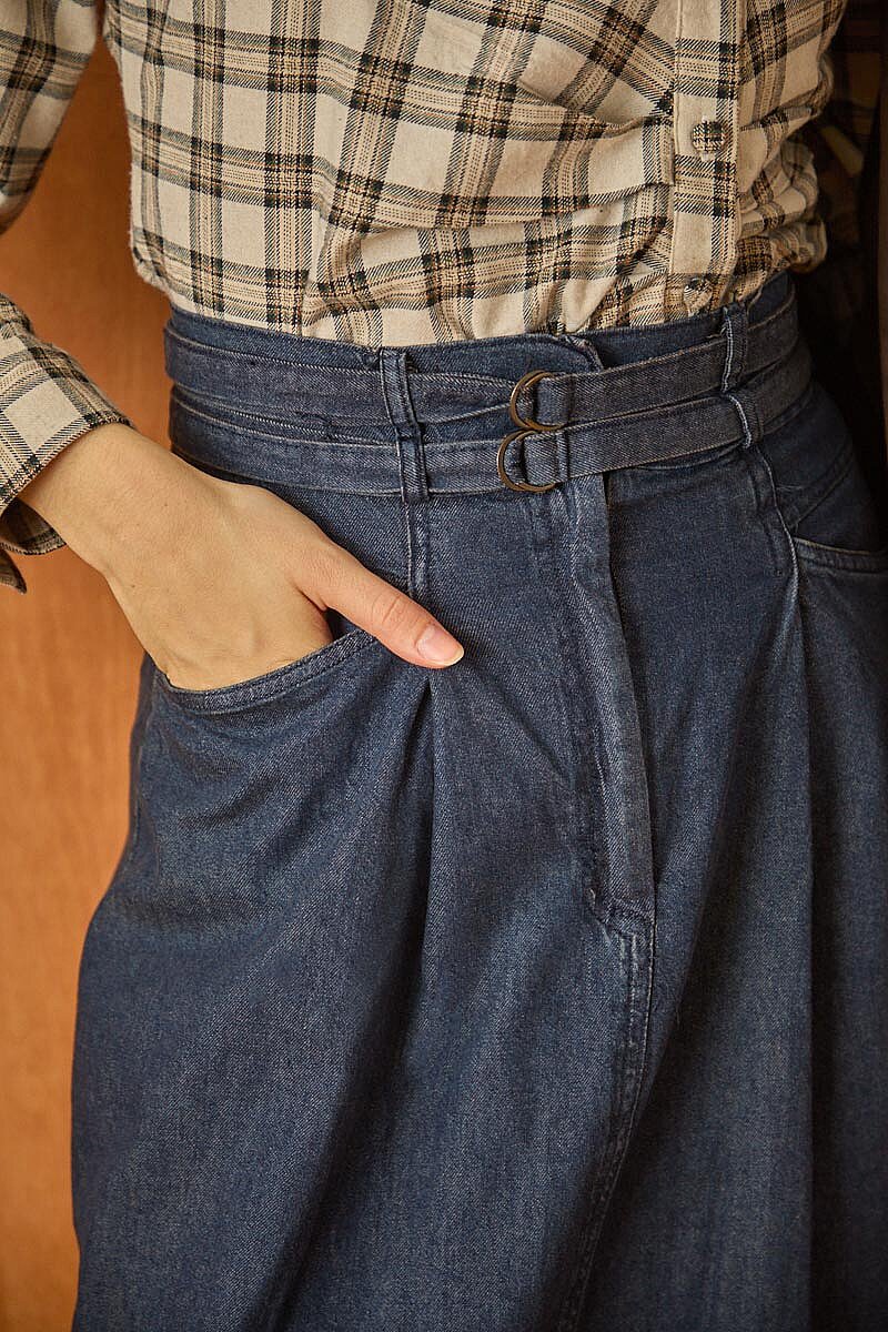 Çift Kuşaklı Denim Etek Koyu Mavi - 3