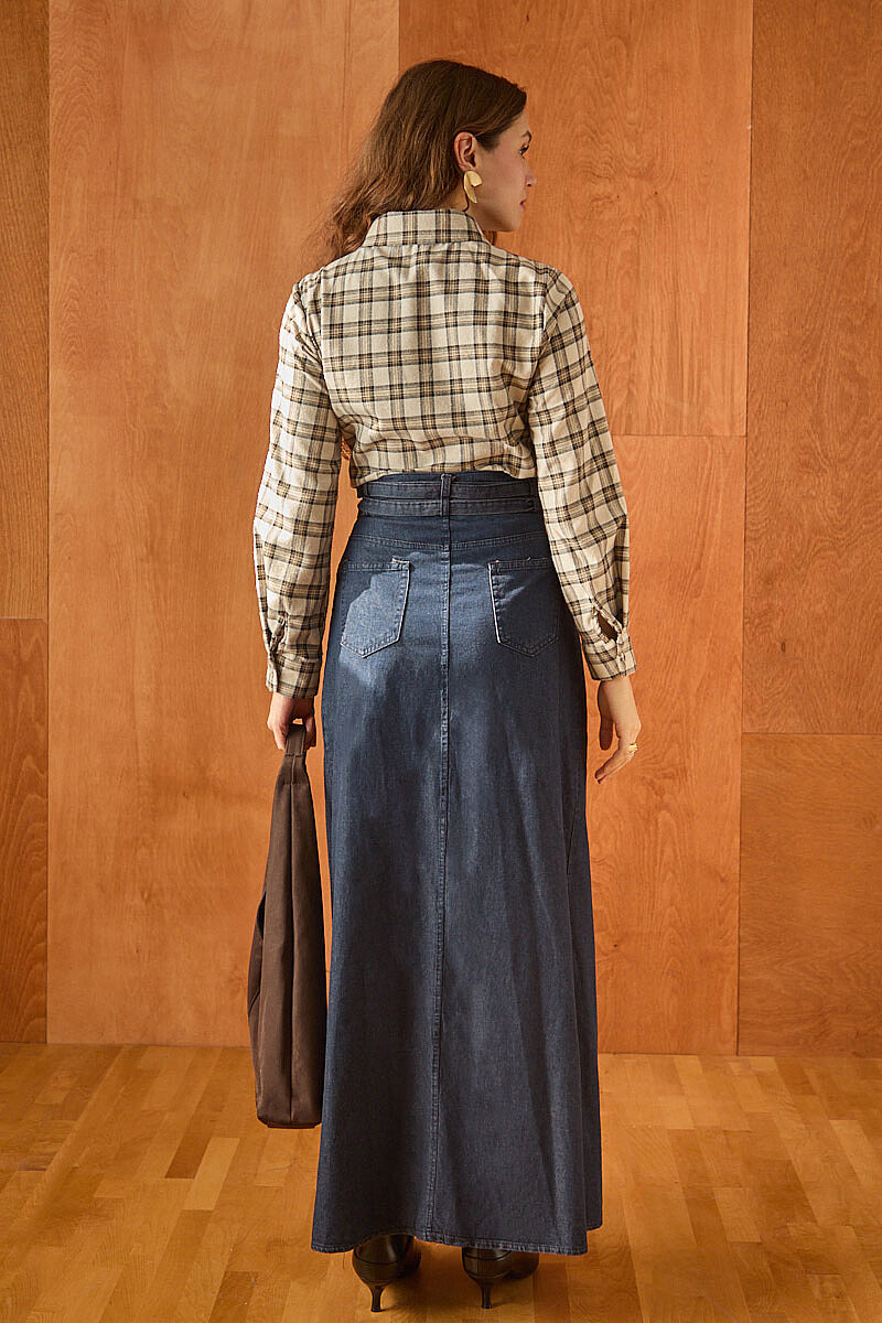 Çift Kuşaklı Denim Etek Koyu Mavi - 6