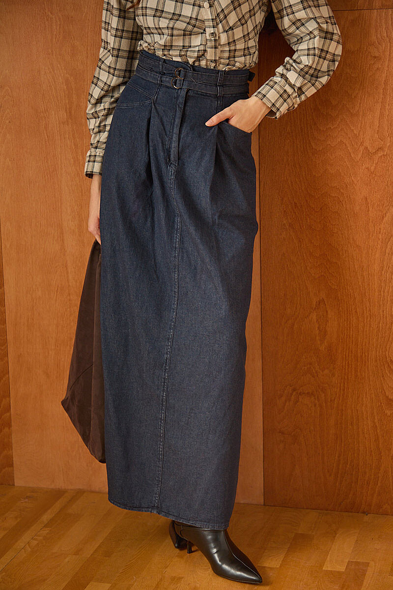 Çift Kuşaklı Denim Etek Koyu Mavi - 5