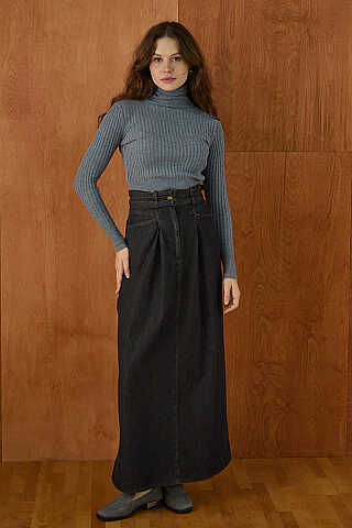Çift Kuşaklı Denim Etek Siyah - 2