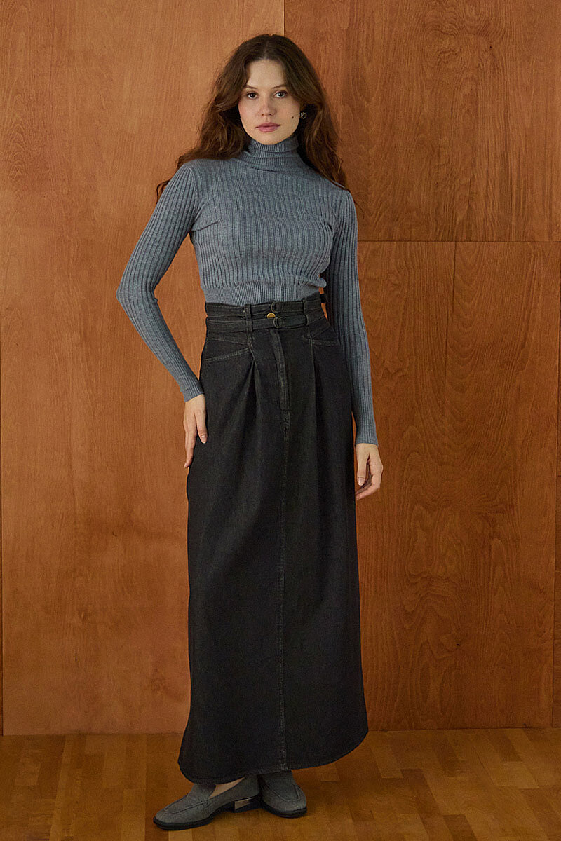 Çift Kuşaklı Denim Etek Siyah - 2