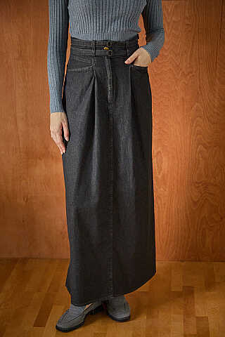 Çift Kuşaklı Denim Etek Siyah - 4