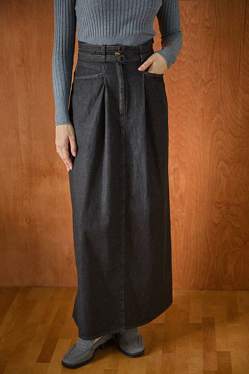 Çift Kuşaklı Denim Etek Siyah - 4