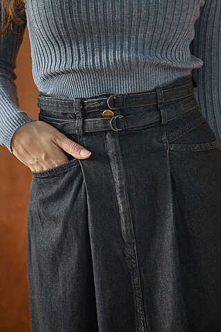 Çift Kuşaklı Denim Etek Siyah - 3