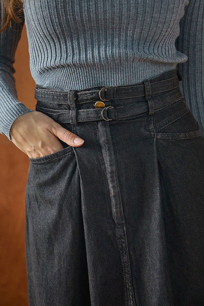 Çift Kuşaklı Denim Etek Siyah - 3