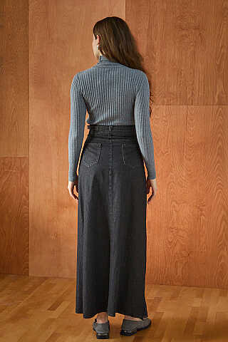 Çift Kuşaklı Denim Etek Siyah - 6