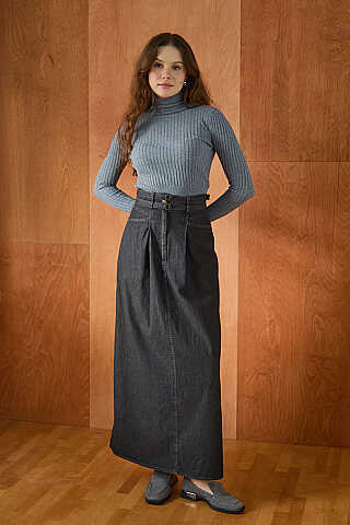 Çift Kuşaklı Denim Etek Siyah - 5