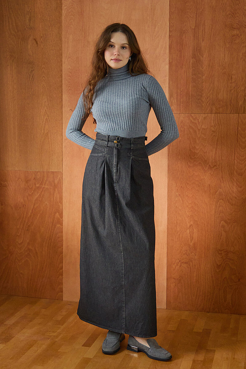 Çift Kuşaklı Denim Etek Siyah - 5