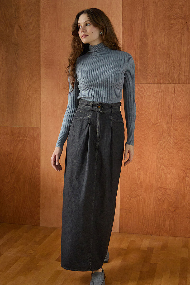 Çift Kuşaklı Denim Etek Siyah