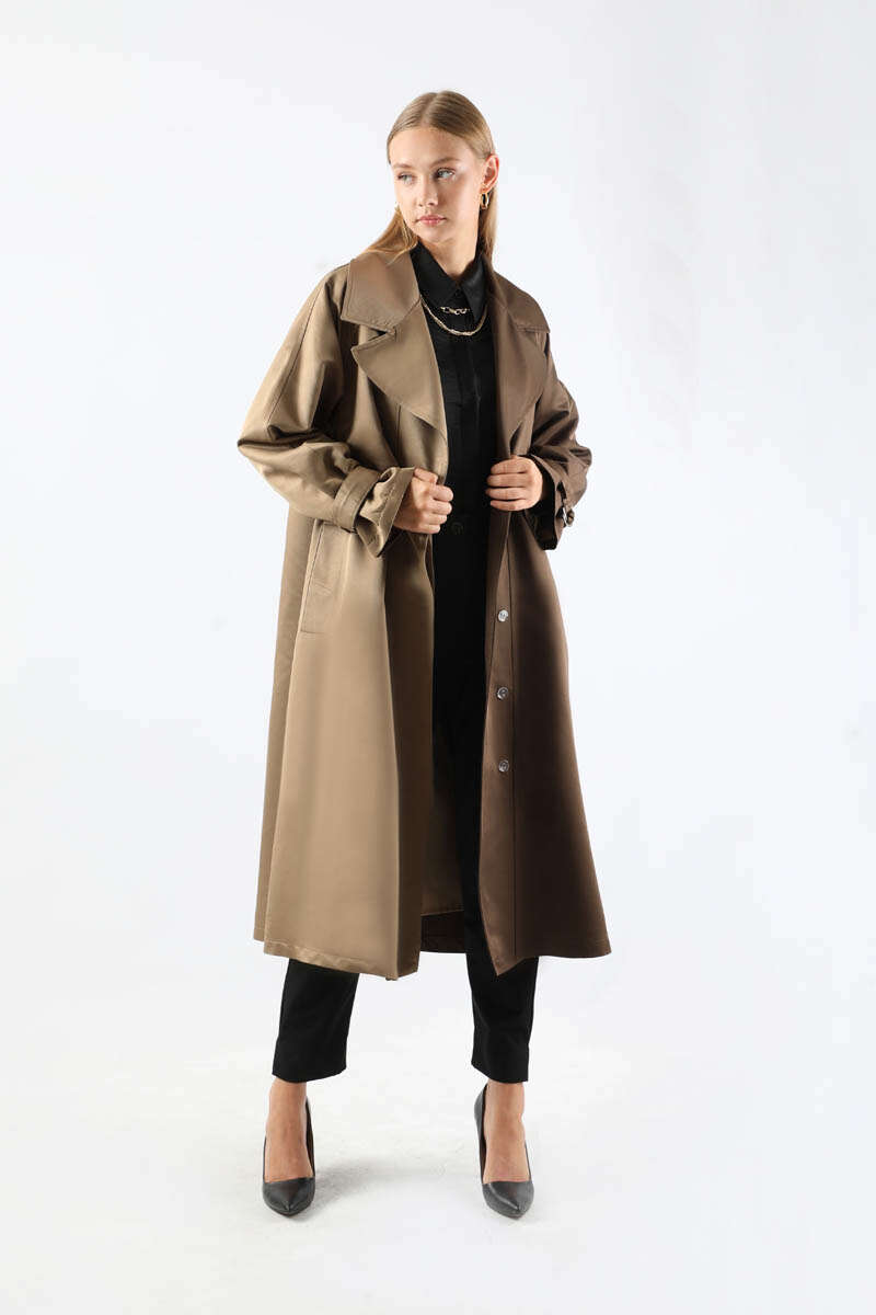 Çift Renk Apolet Detaylı Trençkot Kahve