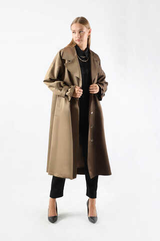 Çift Renk Apolet Detaylı Trençkot Kahve - 1