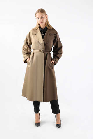 Çift Renk Apolet Detaylı Trençkot Kahve - 3