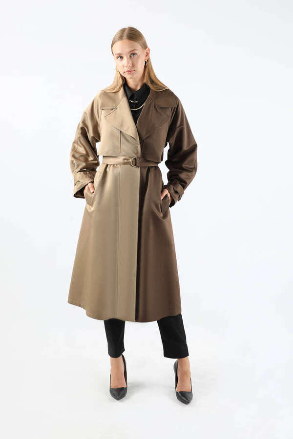 Çift Renk Apolet Detaylı Trençkot Kahve - 3