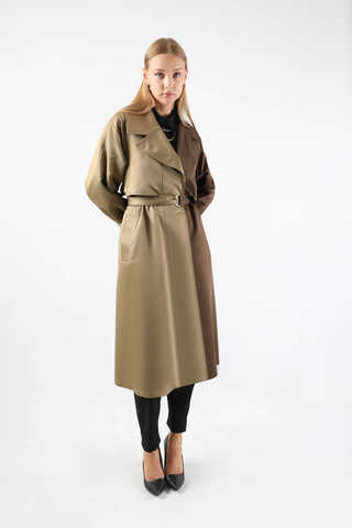 Çift Renk Apolet Detaylı Trençkot Kahve - 5