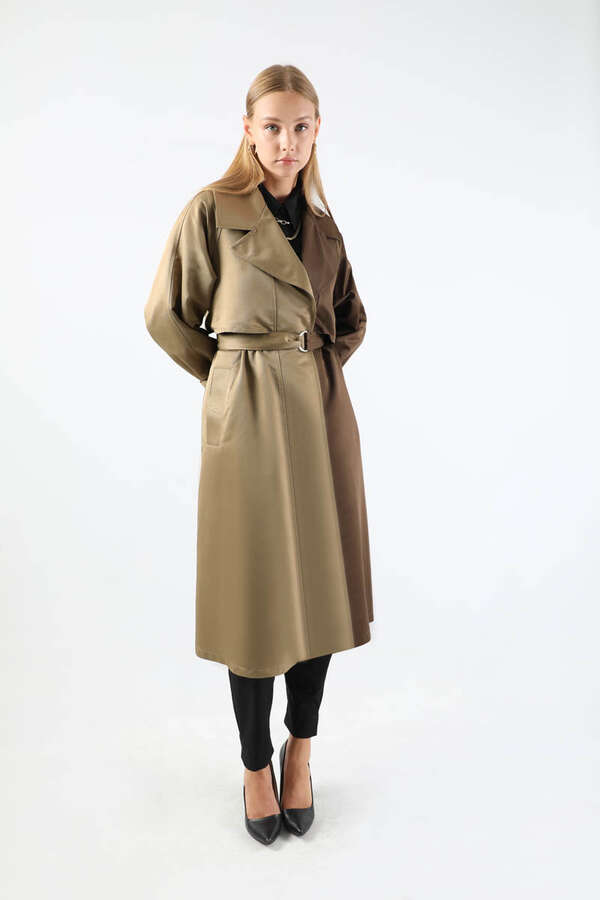 Çift Renk Apolet Detaylı Trençkot Kahve - 5