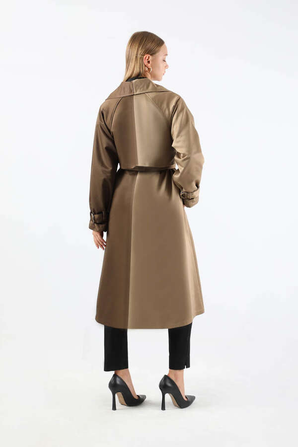 Çift Renk Apolet Detaylı Trençkot Kahve - 6