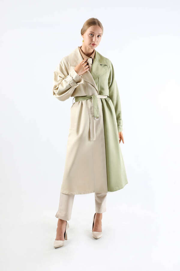 Çift Renk Apolet Detaylı Trençkot Mint 