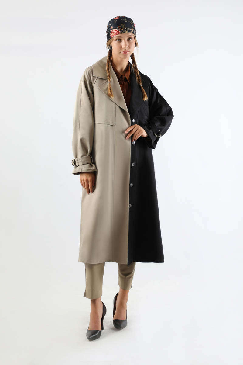 Çift Renk Apolet Detaylı Trençkot Siyah