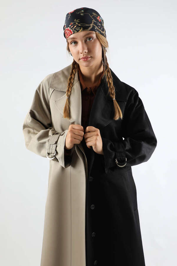 Çift Renk Apolet Detaylı Trençkot Siyah - 2