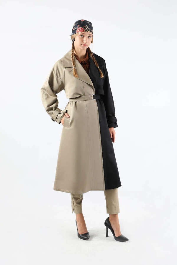 Çift Renk Apolet Detaylı Trençkot Siyah - 3