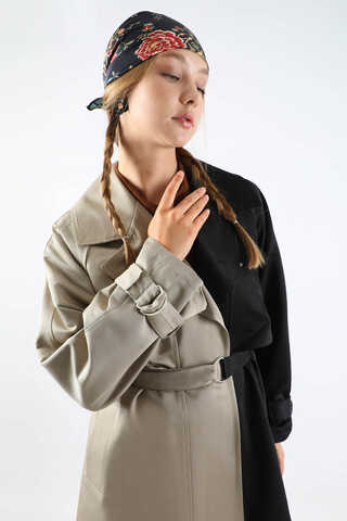 Çift Renk Apolet Detaylı Trençkot Siyah - 4