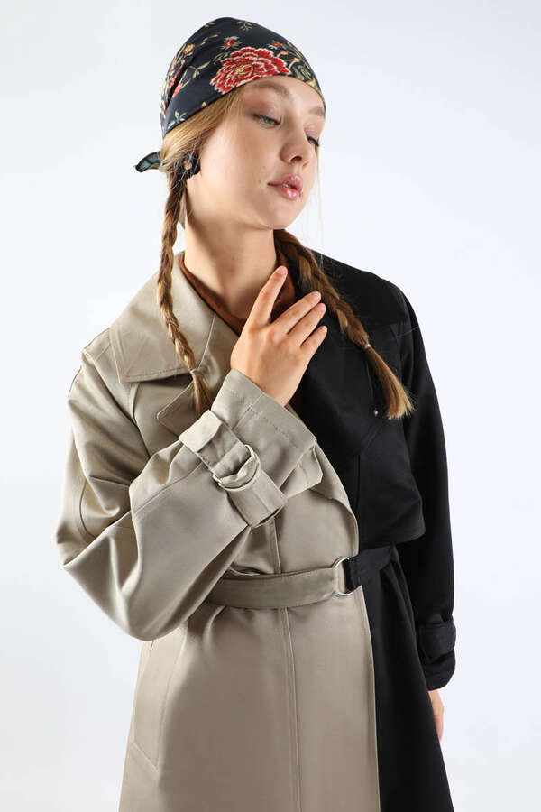 Çift Renk Apolet Detaylı Trençkot Siyah - 4