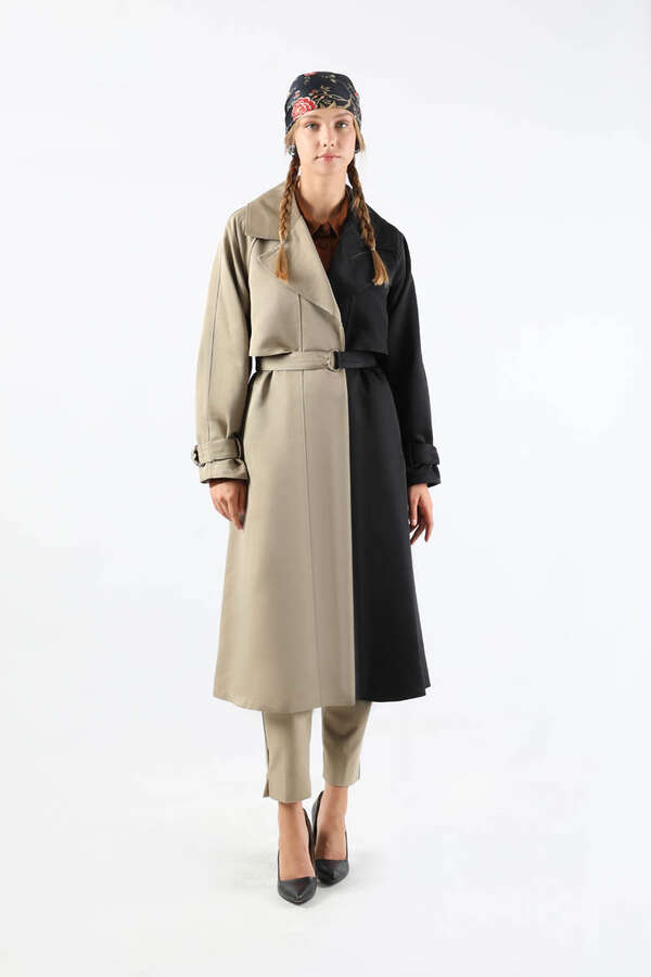 Çift Renk Apolet Detaylı Trençkot Siyah - 5