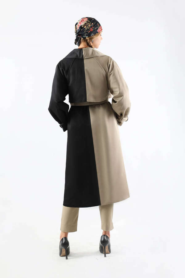 Çift Renk Apolet Detaylı Trençkot Siyah - 6