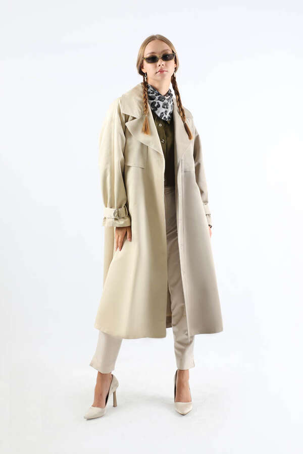 Çift Renk Apolet Detaylı Trençkot Taş - 1