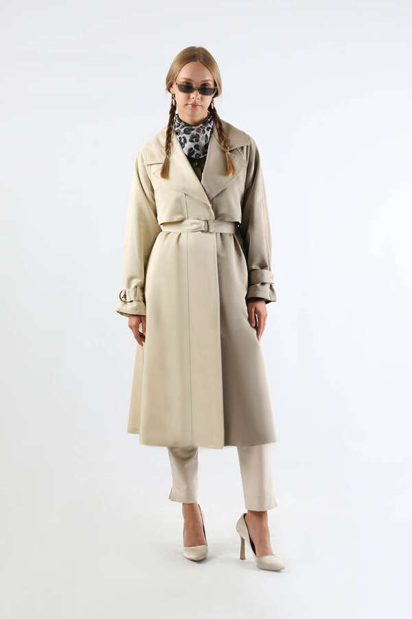 Çift Renk Apolet Detaylı Trençkot Taş - 3