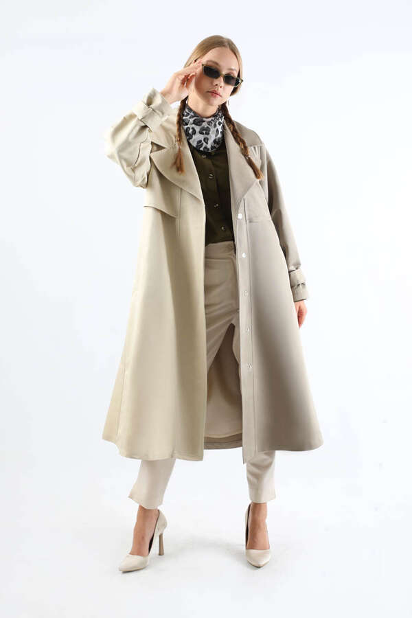 Çift Renk Apolet Detaylı Trençkot Taş - 5