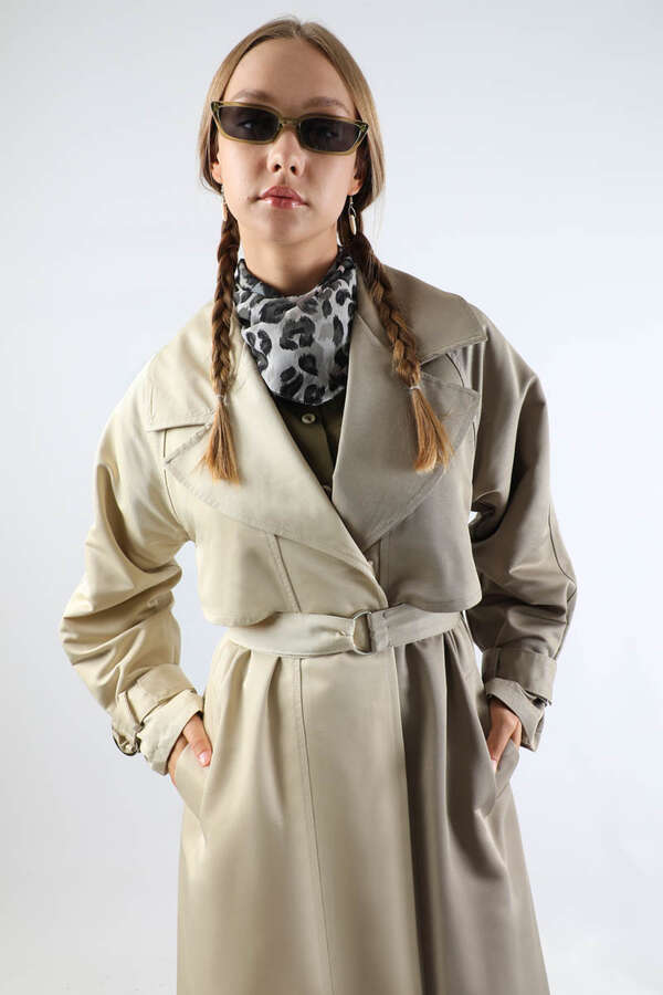 Çift Renk Apolet Detaylı Trençkot Taş - 4