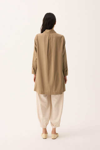 Çift Yaka Keten Gömlek Camel - 9
