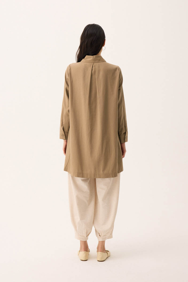 Çift Yaka Keten Gömlek Camel - 9