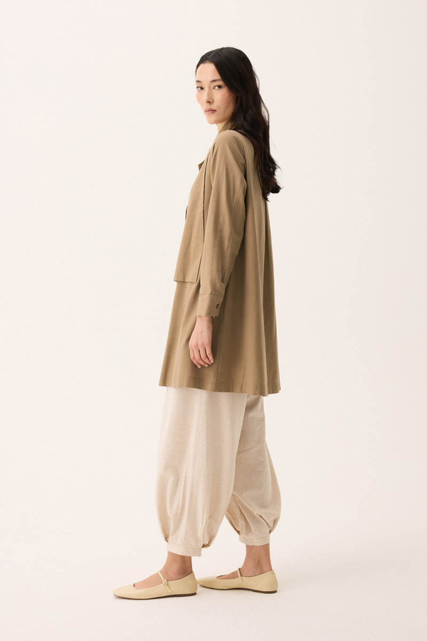 Çift Yaka Keten Gömlek Camel - 6