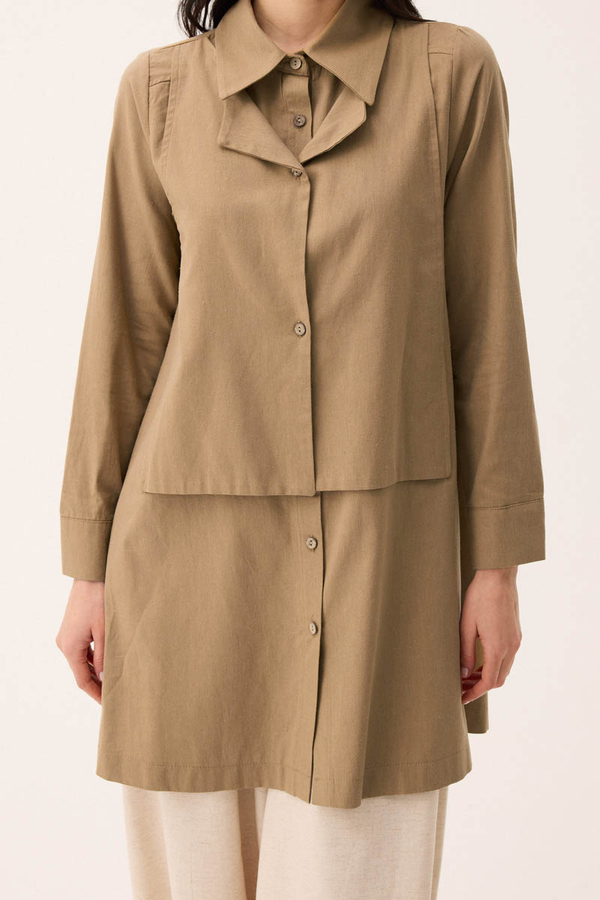 Çift Yaka Keten Gömlek Camel - 4