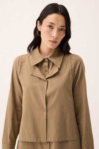 Çift Yaka Keten Gömlek Camel - 5