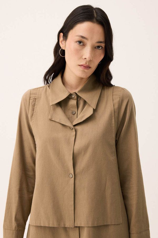 Çift Yaka Keten Gömlek Camel - 5