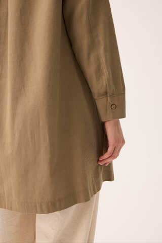 Çift Yaka Keten Gömlek Camel - 12
