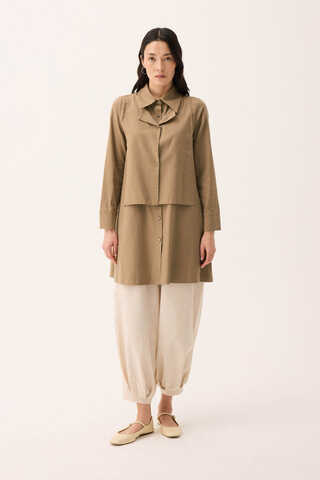 Çift Yaka Keten Gömlek Camel - 3