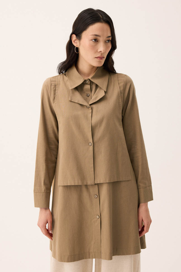 Çift Yaka Keten Gömlek Camel - 2