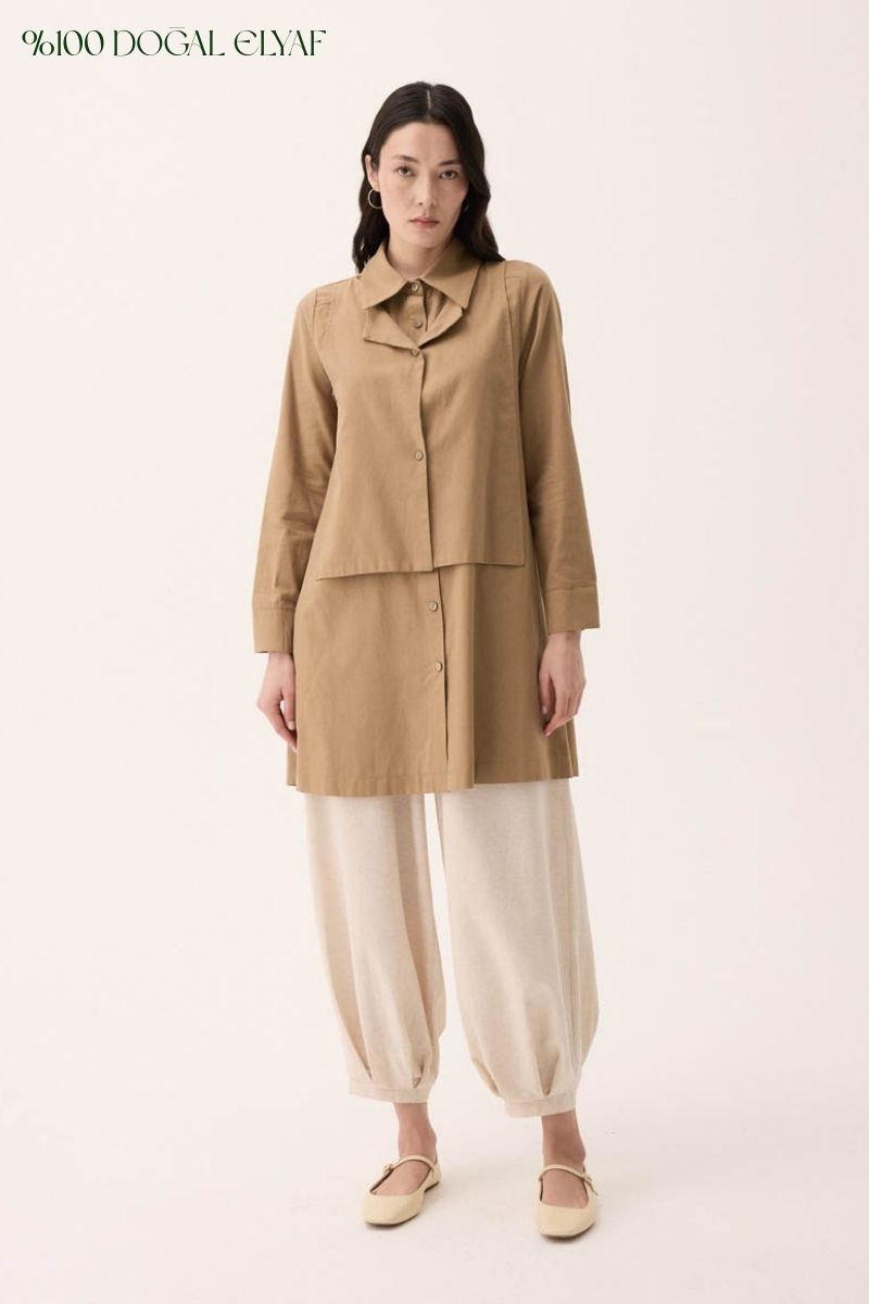 Çift Yaka Keten Gömlek Camel