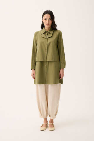 Çift Yaka Keten Gömlek Haki - 2