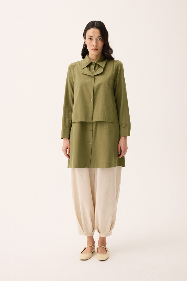Çift Yaka Keten Gömlek Haki - 2