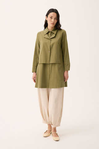 Çift Yaka Keten Gömlek Haki - 3