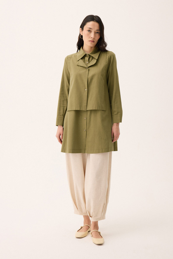 Çift Yaka Keten Gömlek Haki - 3