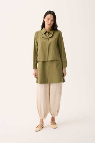 Çift Yaka Keten Gömlek Haki - 5