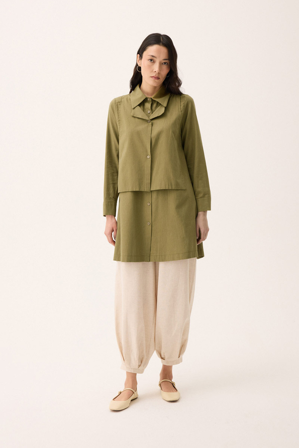 Çift Yaka Keten Gömlek Haki - 5