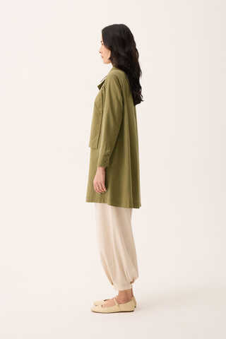 Çift Yaka Keten Gömlek Haki - 7